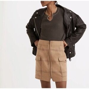 Madewell Zip Front Windowpane Mini Skirt Size 6 NWT Camel Brown Wool